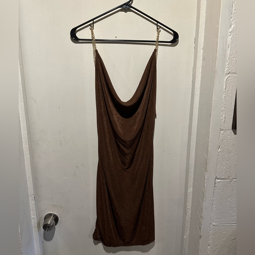 Dark brown dress with gold chain straps